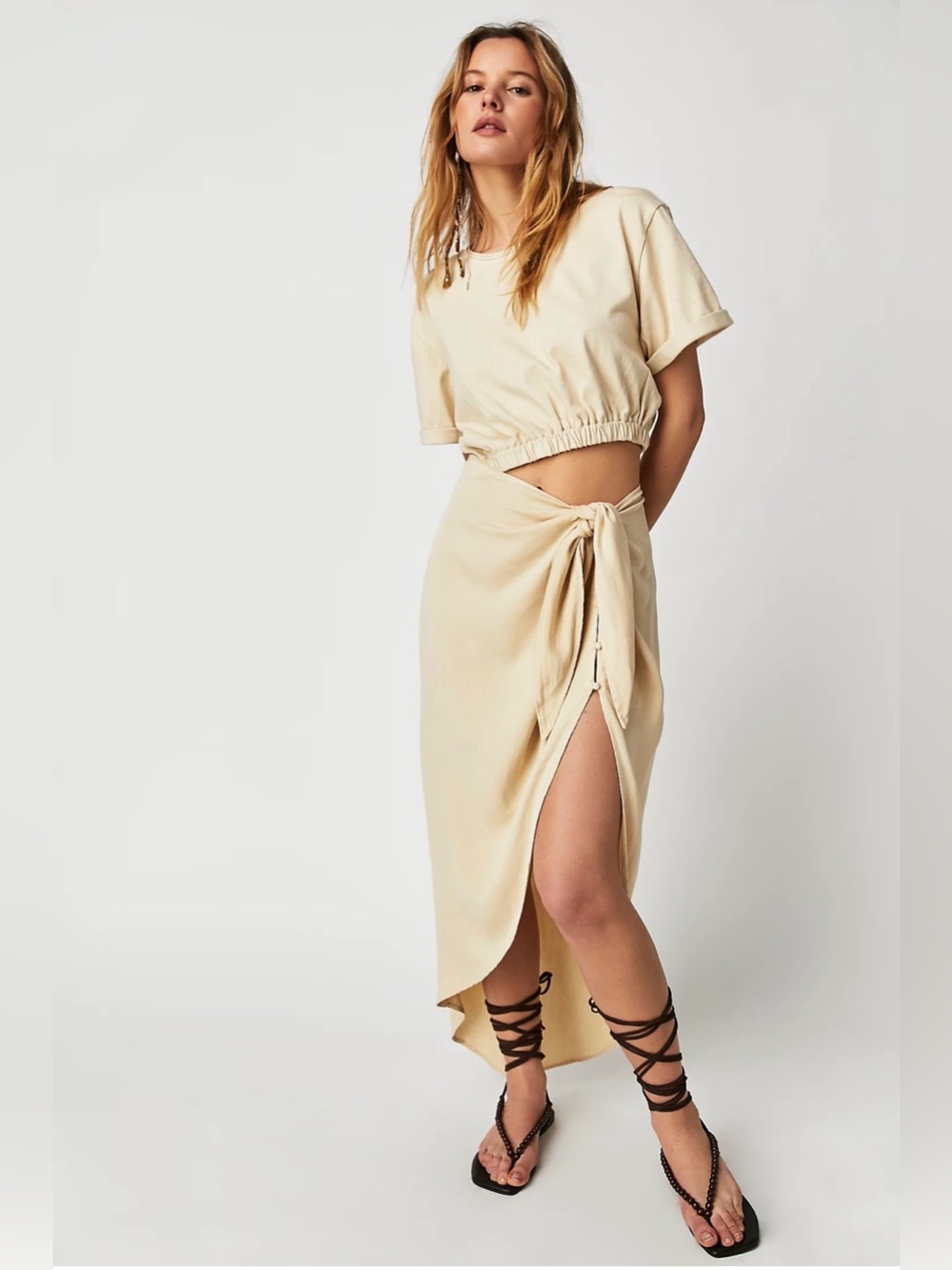 Free People Rae‎ Maxi Dress Cream Cutout Tie Side Ruched Midi Maxi M